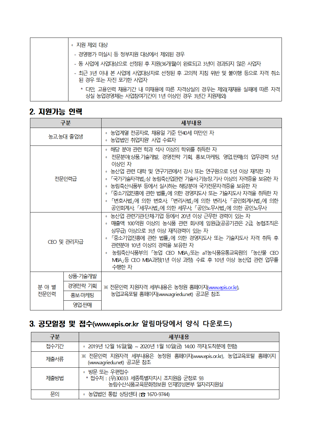 2020년 농업경영체 전문인력 채용지원사업 홍보 협조 2