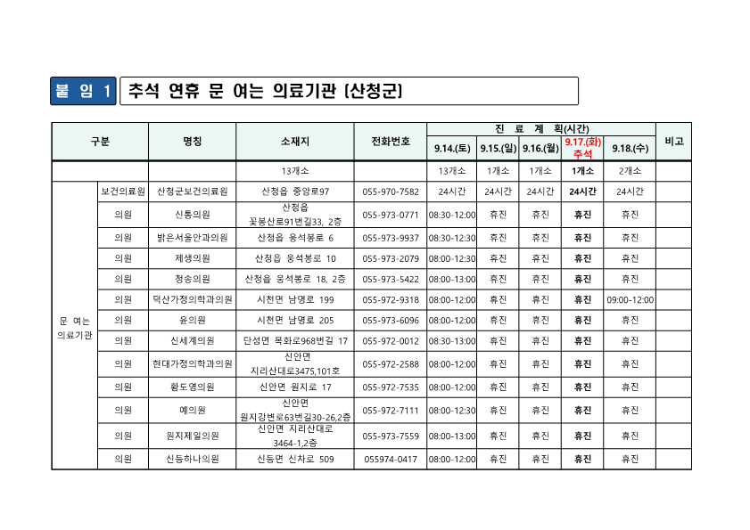 추석연휴 기간 주민생활 불편 처리 안내 2