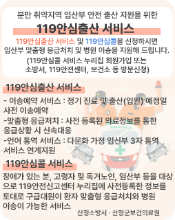 분만 취약지역 임산부 안전 출산 지원을 위한 119안심출산 서비스
119안심출산 서비스 및 119안심콜을 신청하시면
임산부 맞춤형 응급처치 및 병원 이송을 지원해 드립니다.
(119안심콜 서비스 누리집 회원가입 또는
소방서, 119안전센터, 보건소 등 방문신청)
119안심출산 서비스
- 이송예약 서비스 : 정기 진료 및 출산(입원) 예정일
사전 이송예약
-맞춤형 응급처치 : 사전 등록된 의료정보를 통한
응급상황 시 신속대응
-언어 통역 서비스 : 다문화 가정 임신부 3자 통역
서비스 연계지원
119안심콜 서비스
장애가 있는 분, 고령자 및 독거노인, 임산부 등을 대상
으로 119안전신고센터 누리집에 사전등록한 정보를
토대로 구급대원이 환자 맞춤형 응급처치와 병원
이송이 가능한 서비스
산청소방서 · 산청군보건의료원