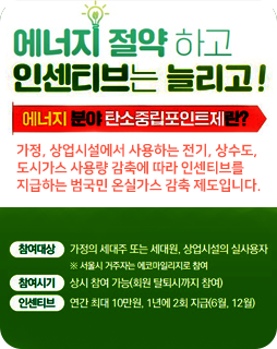 에너지 절약하고 인센티브는 늘리고!
에너지 분야 탄소중립포인트제란?
가정, 상업시설에서 사용하는 전기, 상수도,
도시가스 사용량 감축에 따라 인센티브를
지급하는 범국민 온실가스 감축 제도입니다.
참여대상 : 가정의 세대주 또는 세대원, 상업시설의 실사용자
※ 서울시 거주자는 에코마일리지로 참여
참여시기 : 상시 참여 가능(회원 탈퇴시까지 참여)
인센티브 : 연간 최대 10만원, 1년에 2회 지급(6월, 12월)