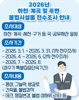 2026년 하천·계곡 및 주변 불법시설물 전수조사 안내
조사대상 : 하천·계곡·세천·구거 등 국·공유재산 일원
조사기간
- 2026 .3 .1. ~ 2026. 3. 31. (1차 전수조사)
- 2026. 4. ~ 2026. 6. (2차 전수조사)
- 2026. 7. ~ 2026. 8. (성수기 특별집중단속기간)
조사내용
- 평상, 그늘막, 방갈로
- 건축물, 불법경작
- 데크, 형질변경, 불법 상해위, 기타 등
