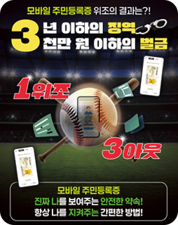 모바일 주민등록 위조의 결과는?!
3년 이하의 징역 3천만원 이하의 벌금
1위조
3아웃
모바일 주민등록증
진자 나를 보여주는 안전한 약속!
항상 나를 지켜주는 간편한 방법!